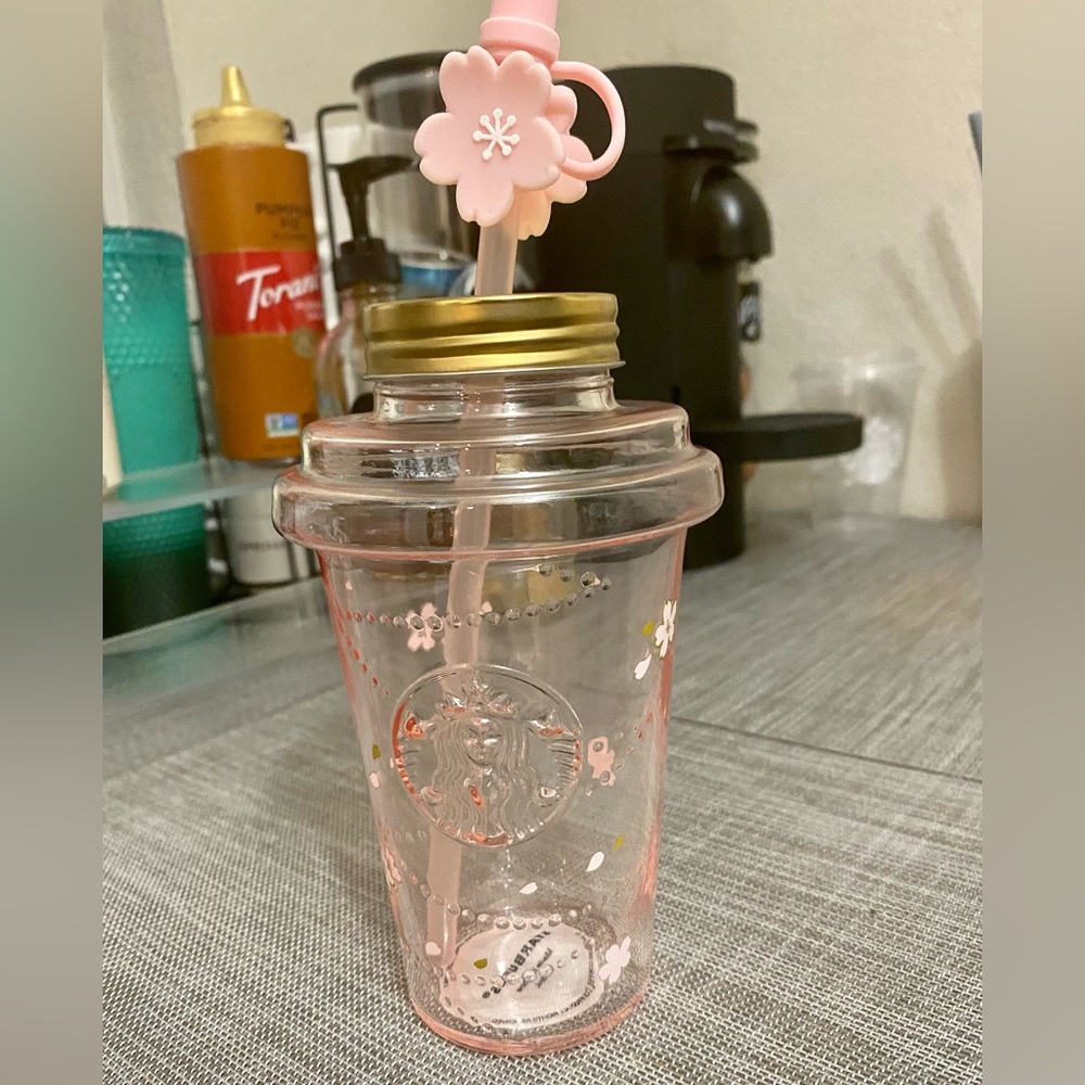 Starbucks China Pink Sakura Glass Cup W/Cherry Blossom Topper